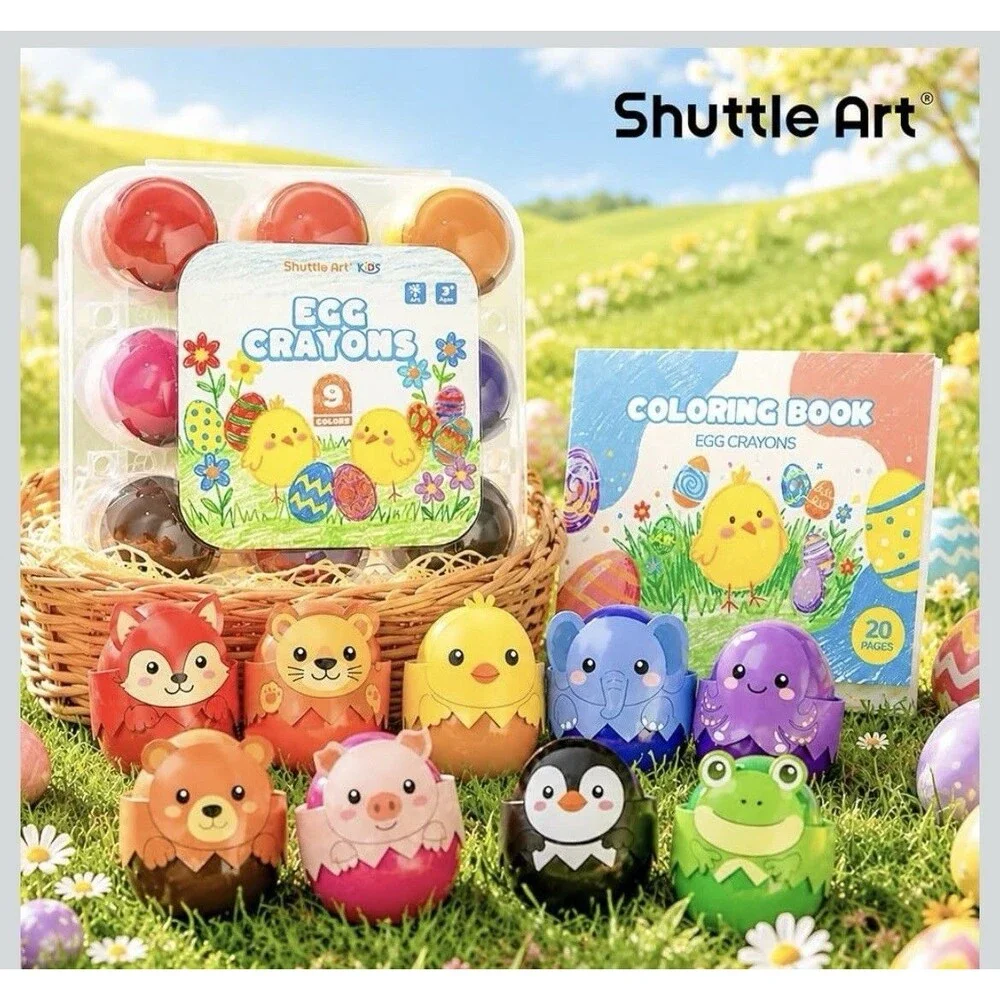 Shuttle Art Jumbo Egg Crayons 9 Colors Washable Toddlers 1-3 Coloring Book Set